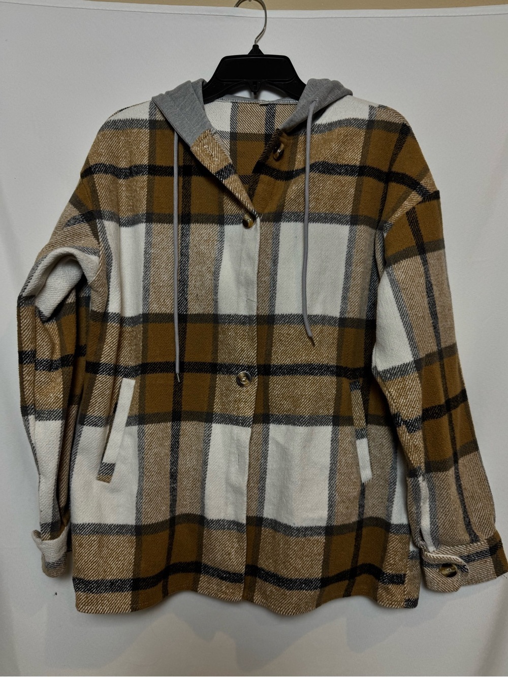 Plaid Hooded Button Shacket Coatigan in Mustard & Cream M